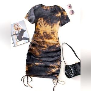 Acid Wash Tshirt Bodycon Dress with Drawstring Ruched Sides, Size Medium
